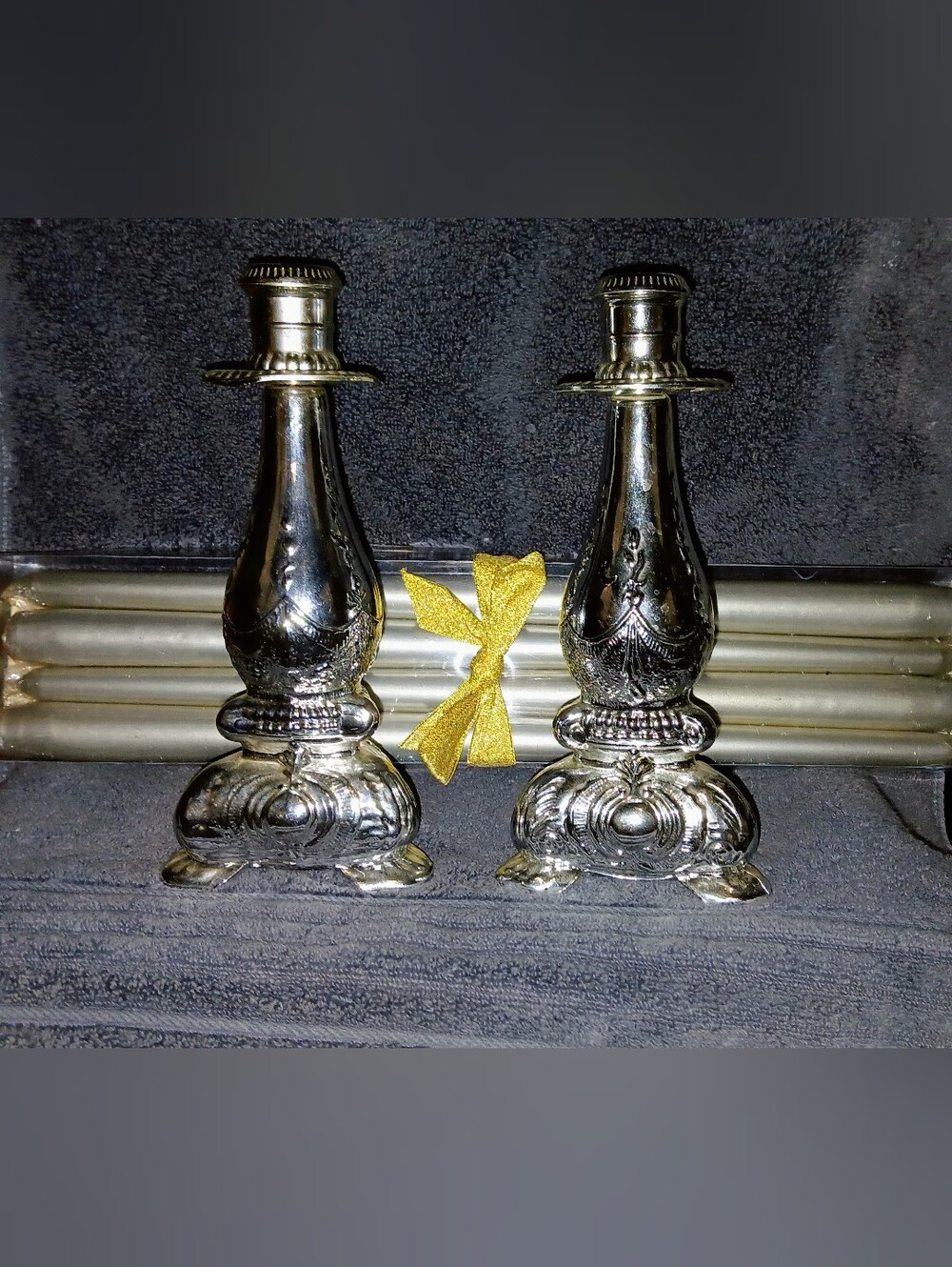 Avon Silver-Tone Ornate Metal Candlestick Pair & New Set Of Silver Candles